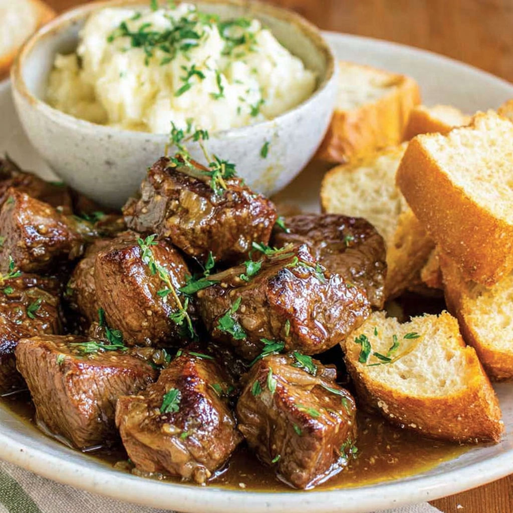 A plate of steak bites with garlic butter and herbs.