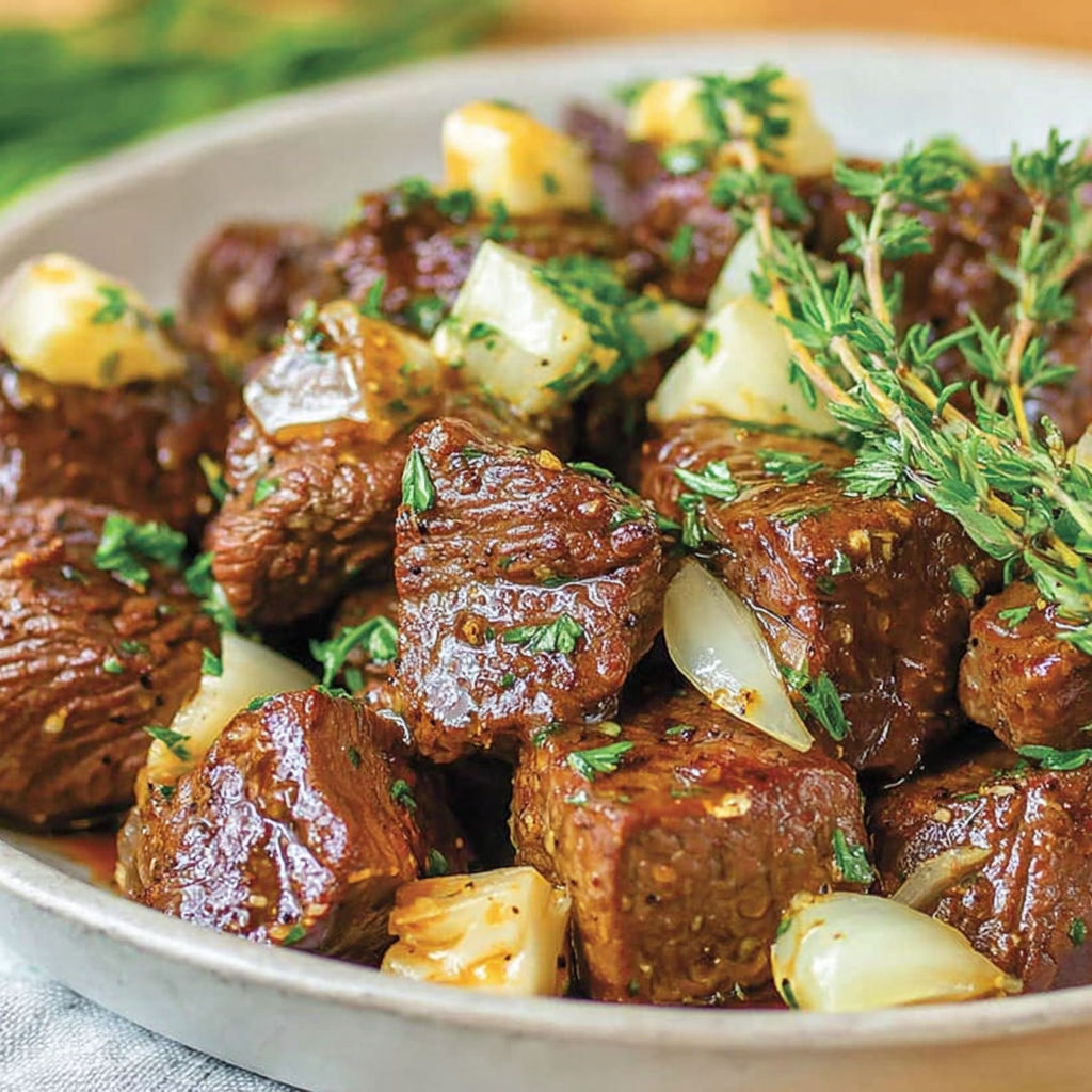A bowl of meat with onions and herbs.