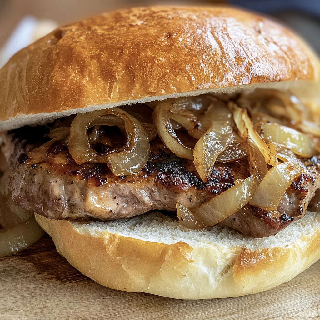 A Thüringer Rostbrätel sandwich with onions.