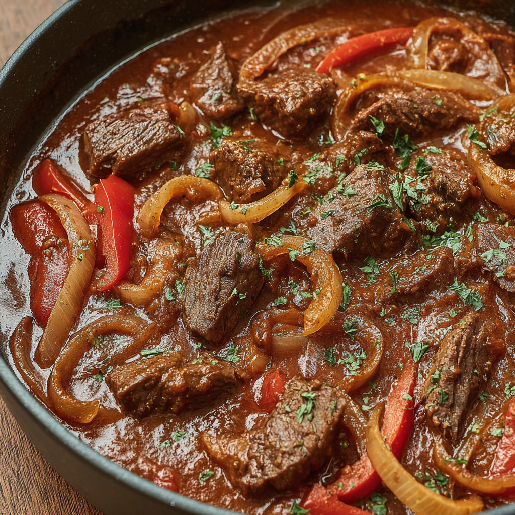 A bowl of beef stew with onions and peppers.