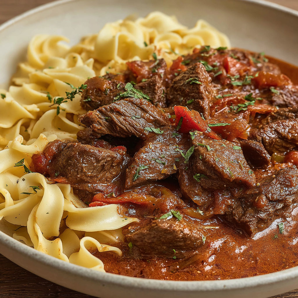 A bowl of beef stew with noodles.