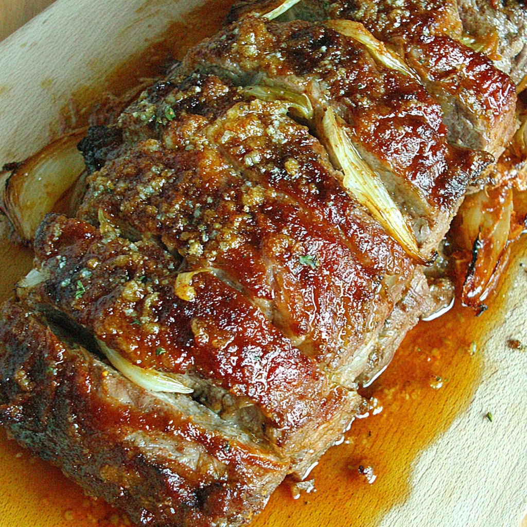 A piece of meat with onions on a wooden board.