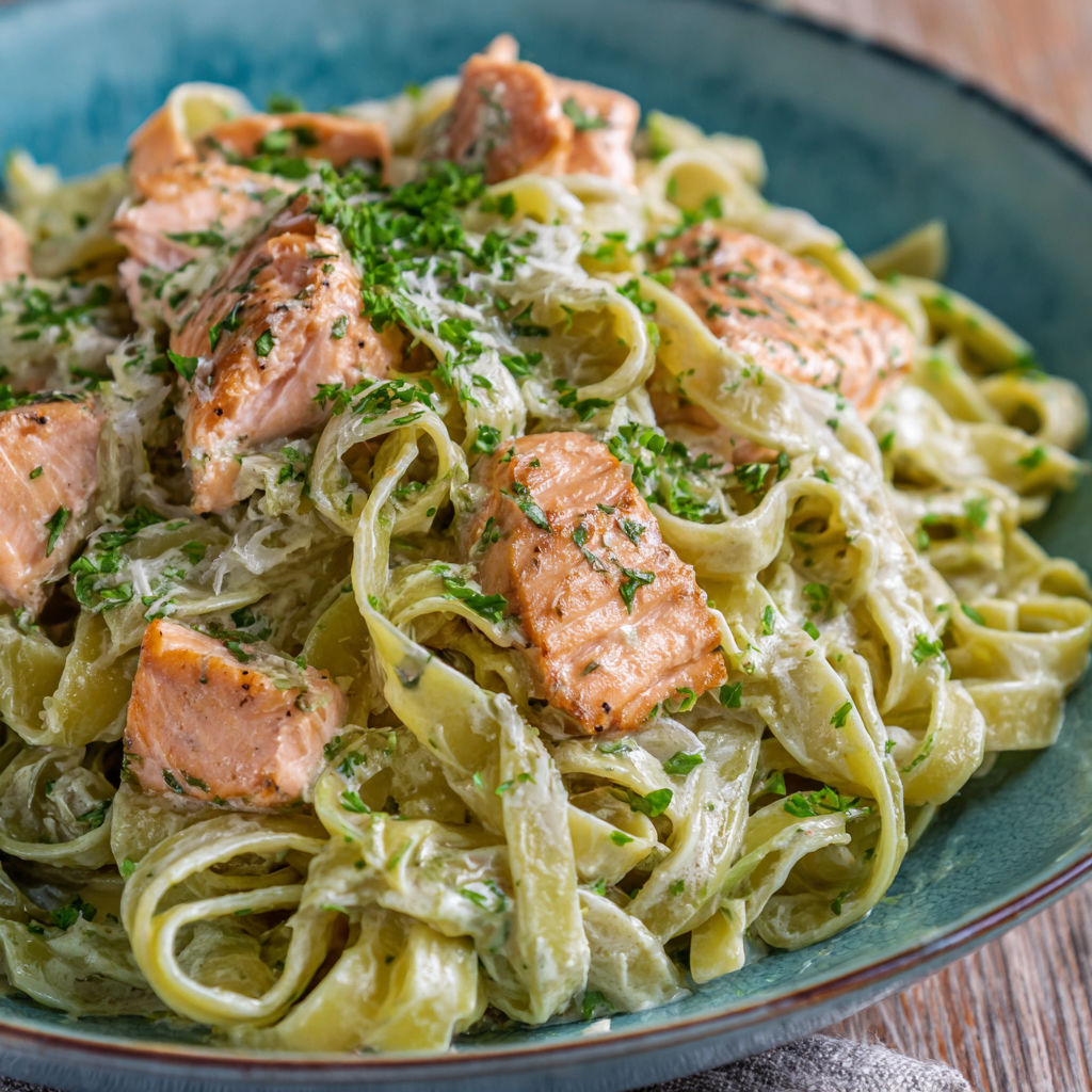 A plate of pasta with chicken and cream sauce.
