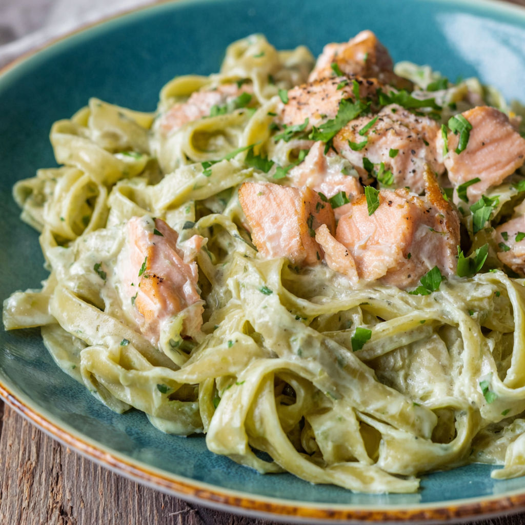 A plate of pasta with chicken and green herbs.