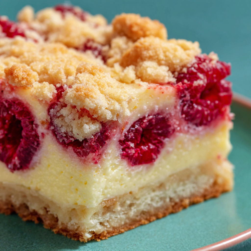 A slice of raspberry cheesecake with butter streusel.