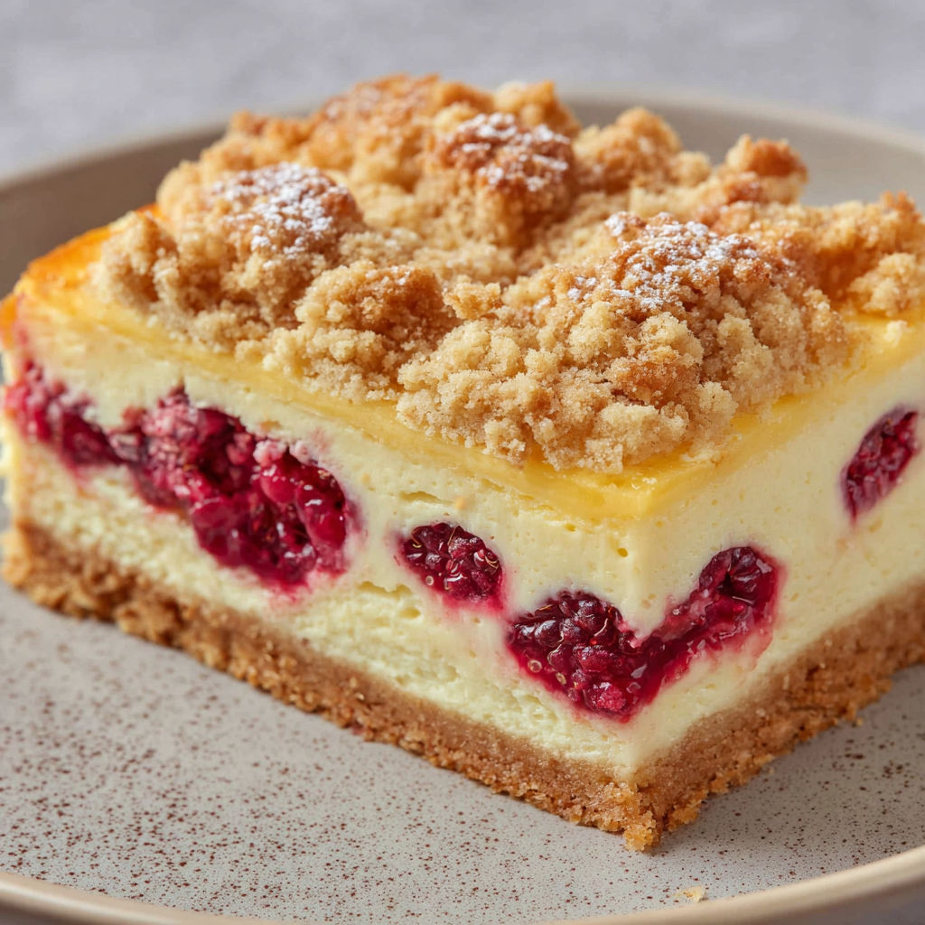 A slice of cheesecake with raspberries on top.