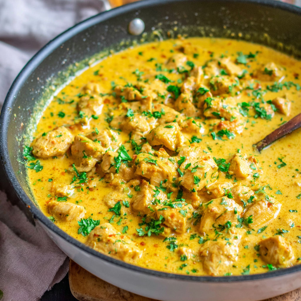 A pan of chicken in a creamy sauce.