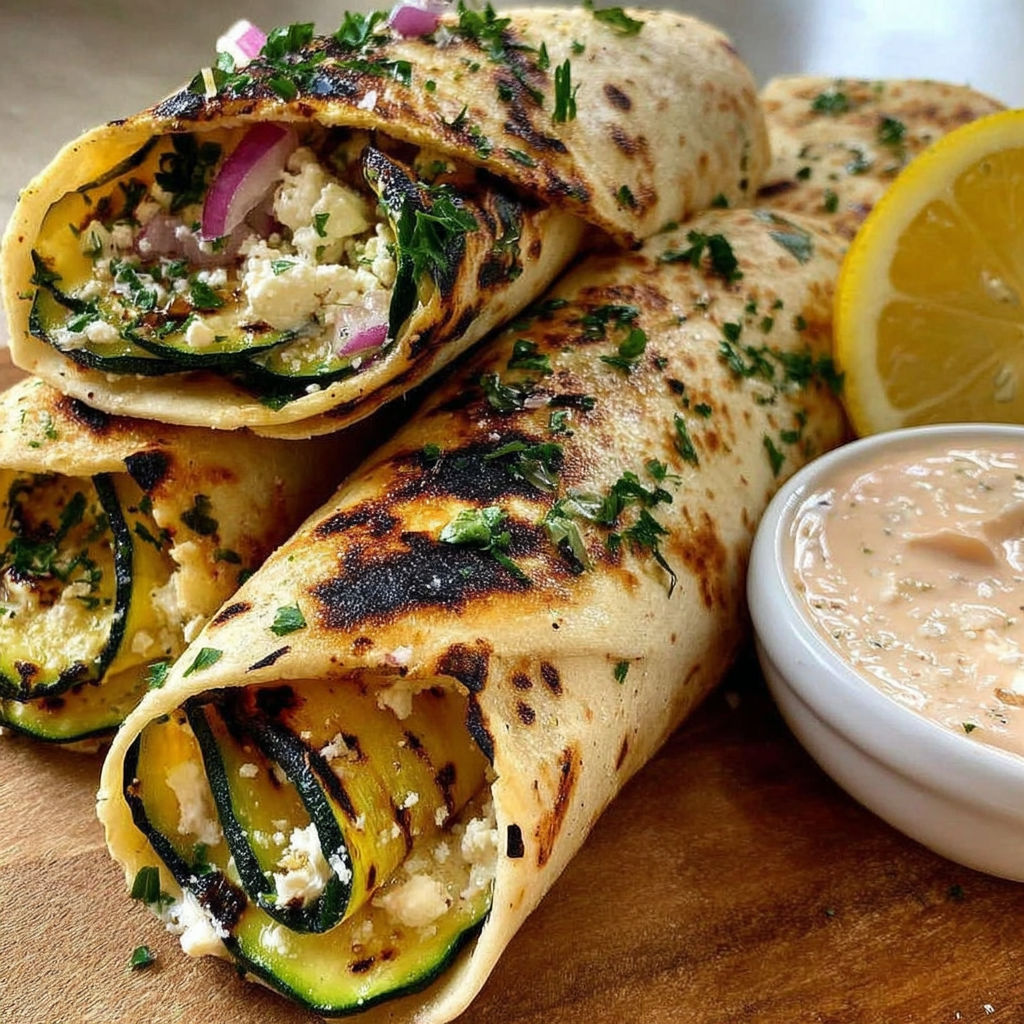 Zucchini feta wraps with lemon and dip.
