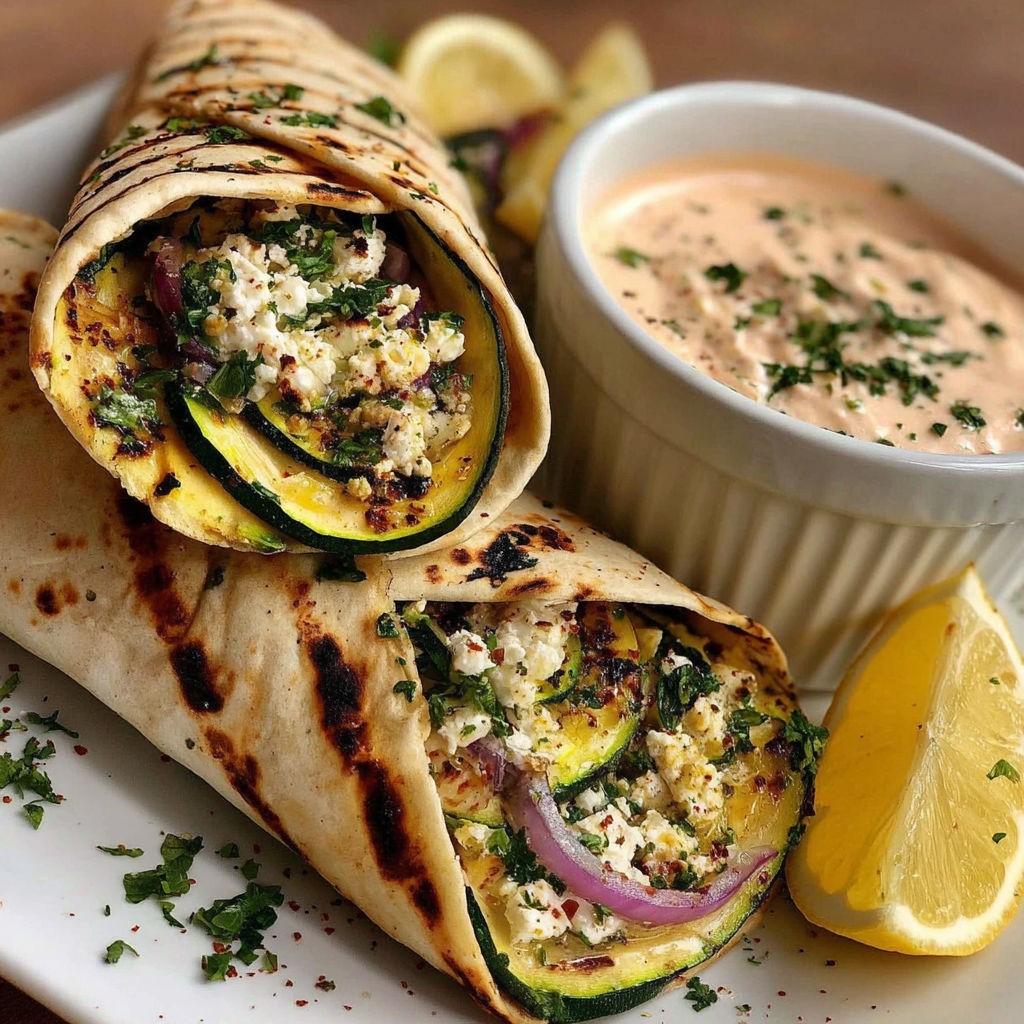 A plate of zucchini feta wraps with a side of lemon.