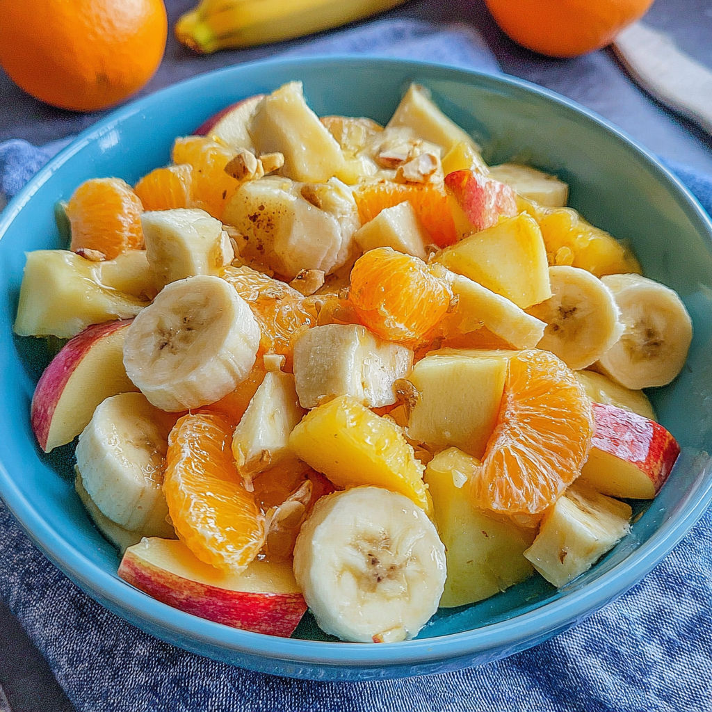 A bowl of fruit with bananas, oranges, and apples.