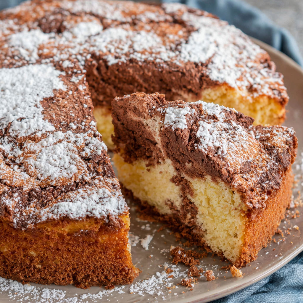 A slice of cake with white powder on top.