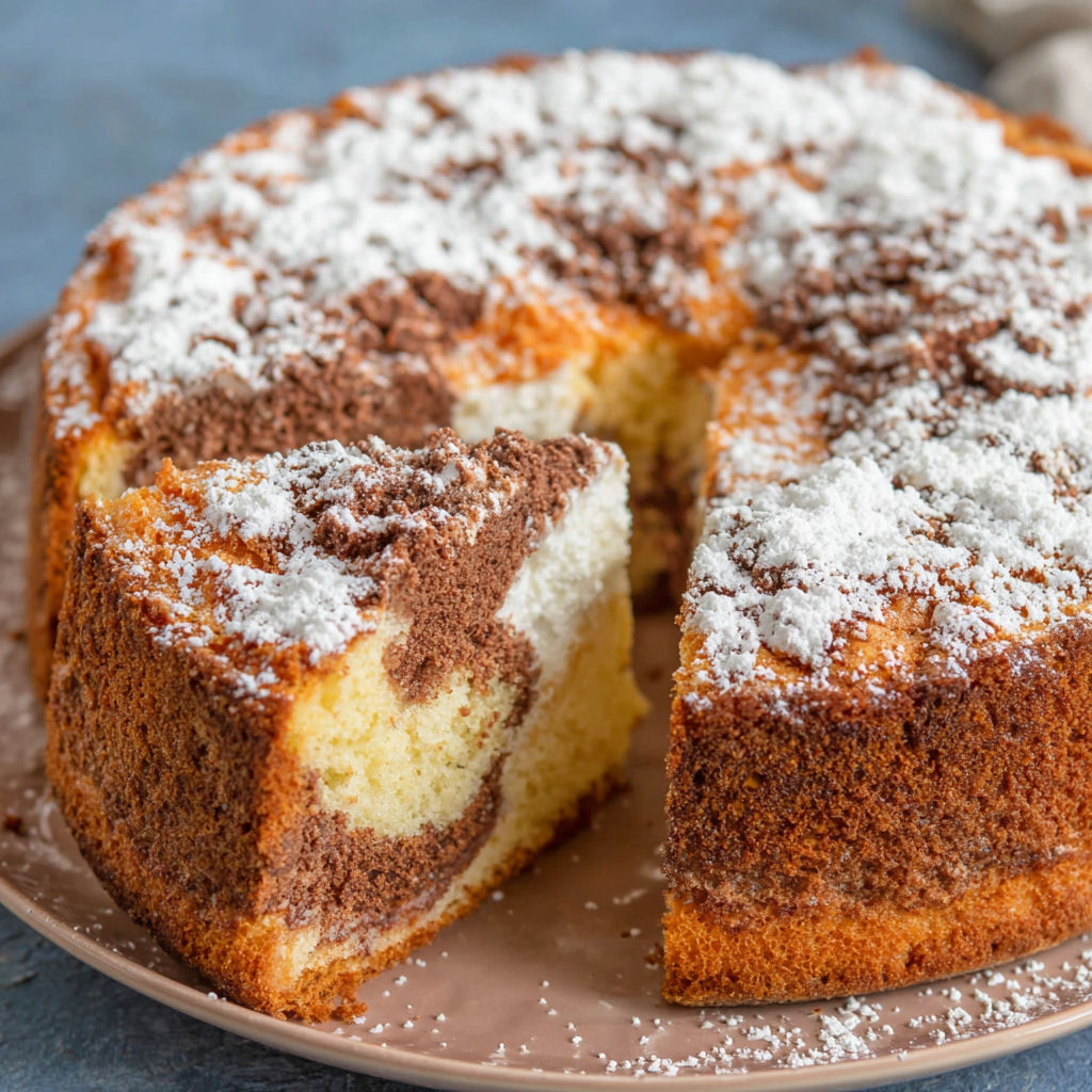 A slice of cake with white powder on it.