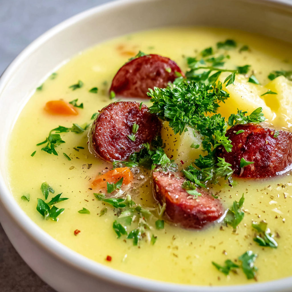 A bowl of soup with sausage and parsley.