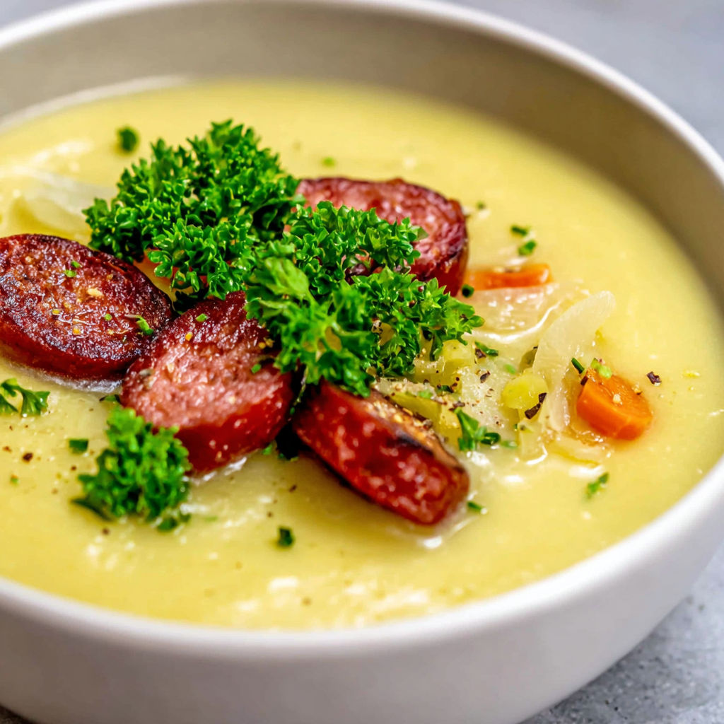 A bowl of soup with sausage and parsley.