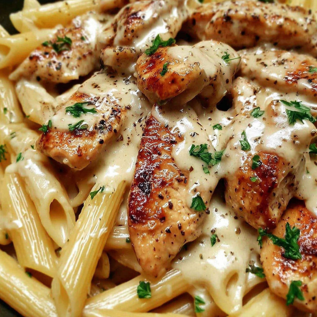 A plate of pasta with chicken and cheese.