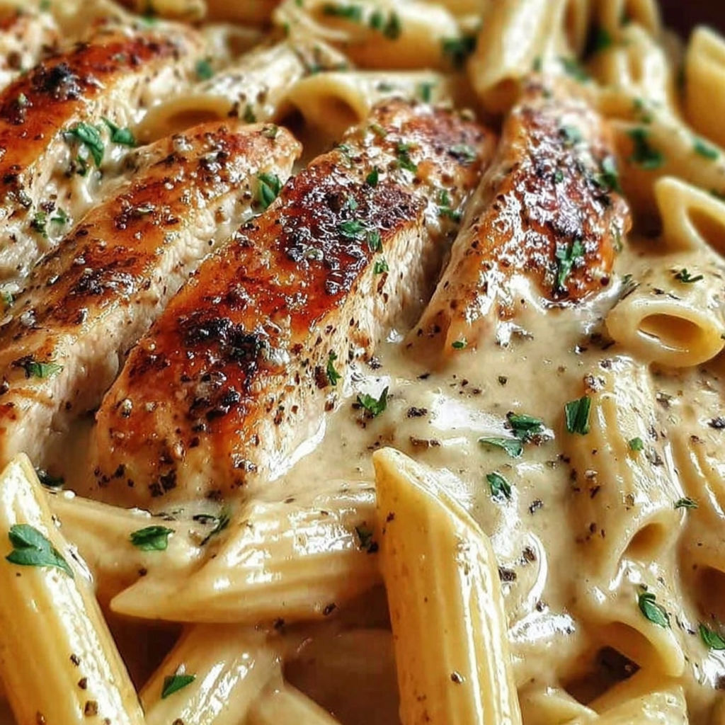 A plate of pasta with chicken and sauce.