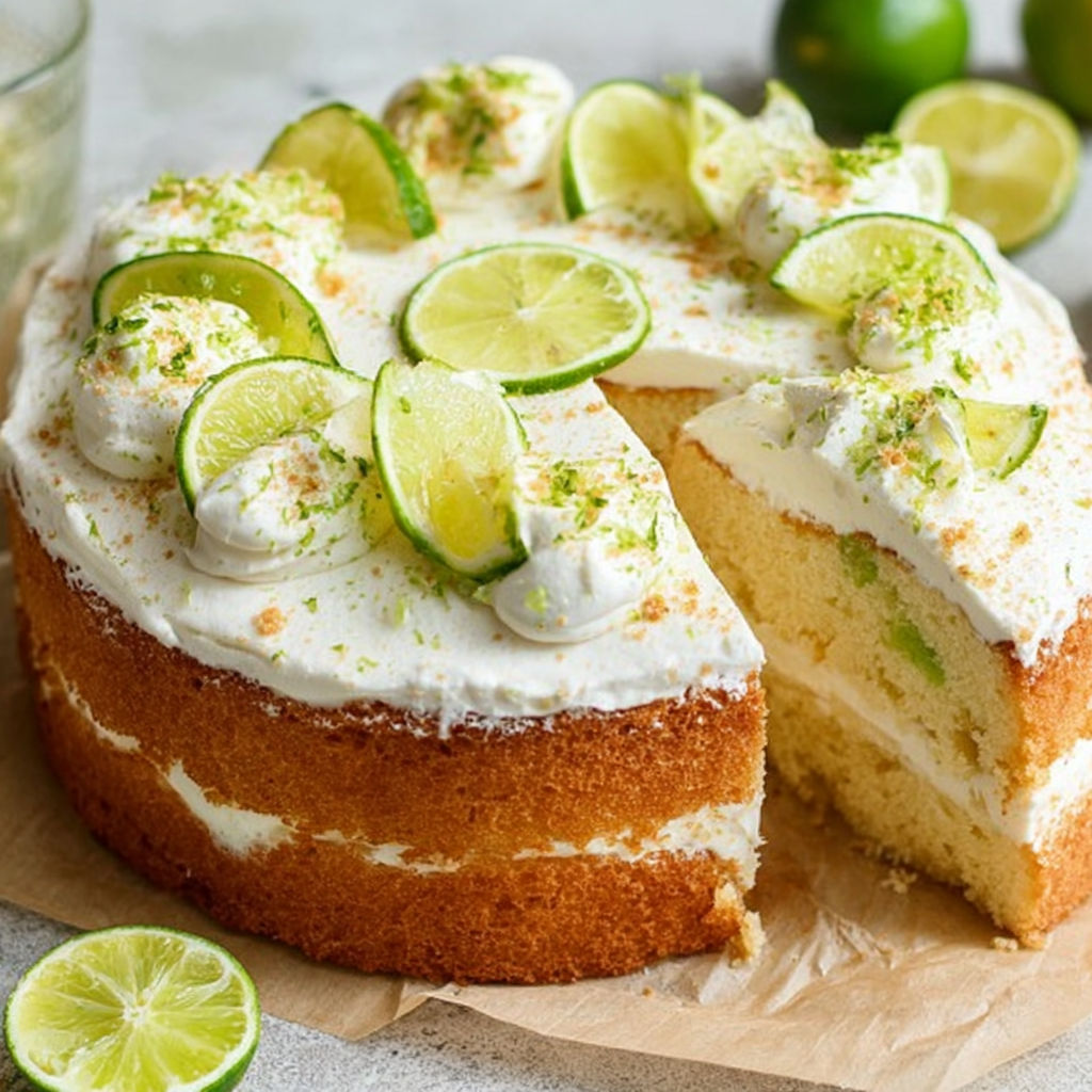 A slice of mojito cake with lime slices on top.