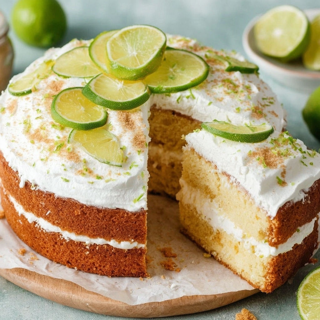A slice of mojito-torta with lime wedges on top.