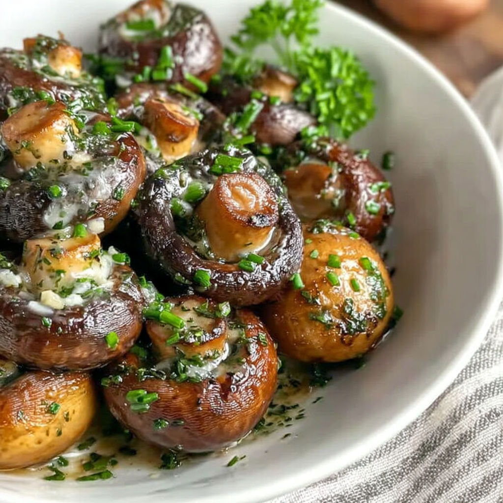 A bowl of mushrooms with herbs.