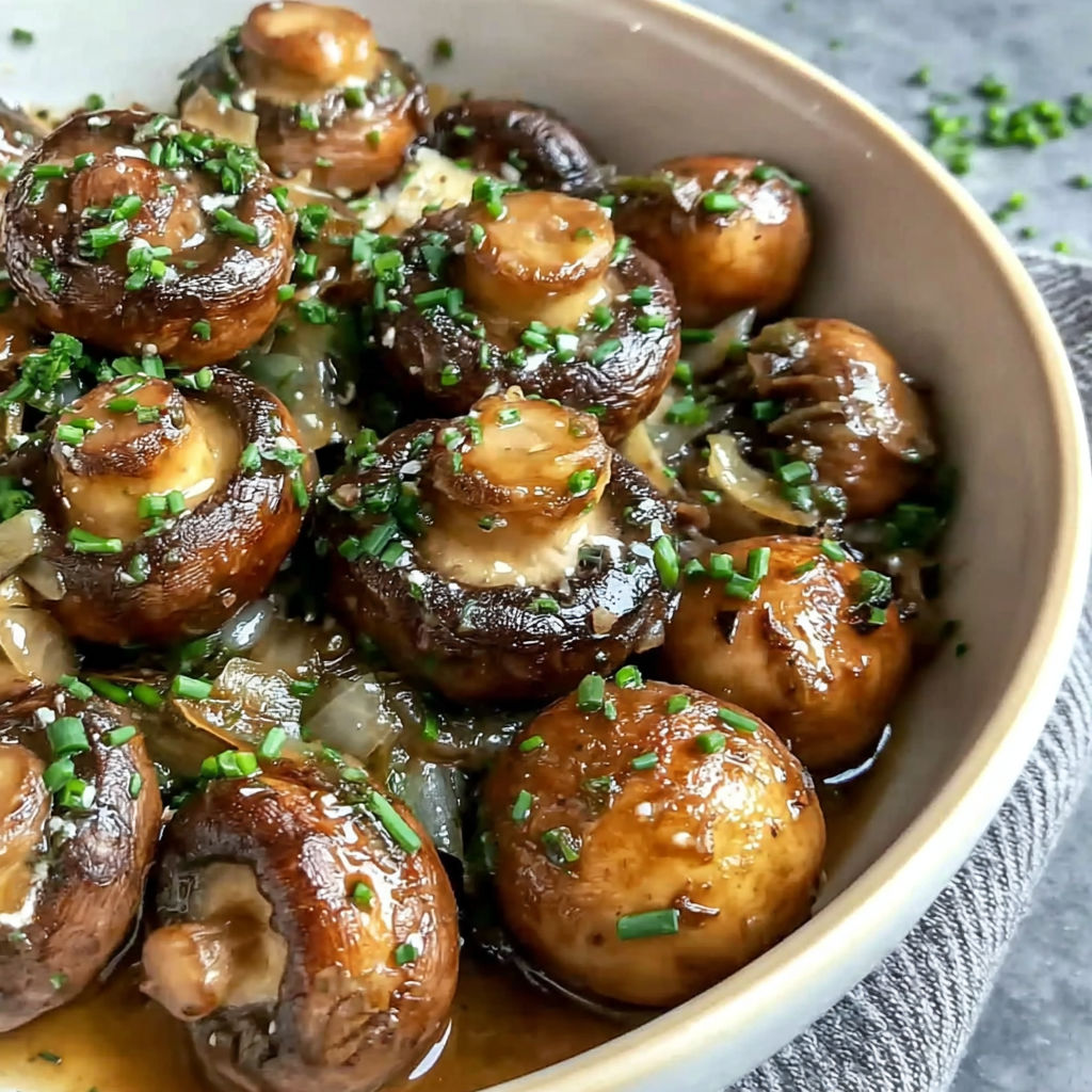 A bowl of mushrooms with onions and herbs.