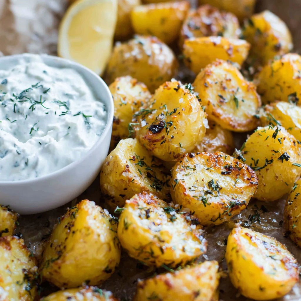 A bowl of potatoes with a lemon wedge on top.