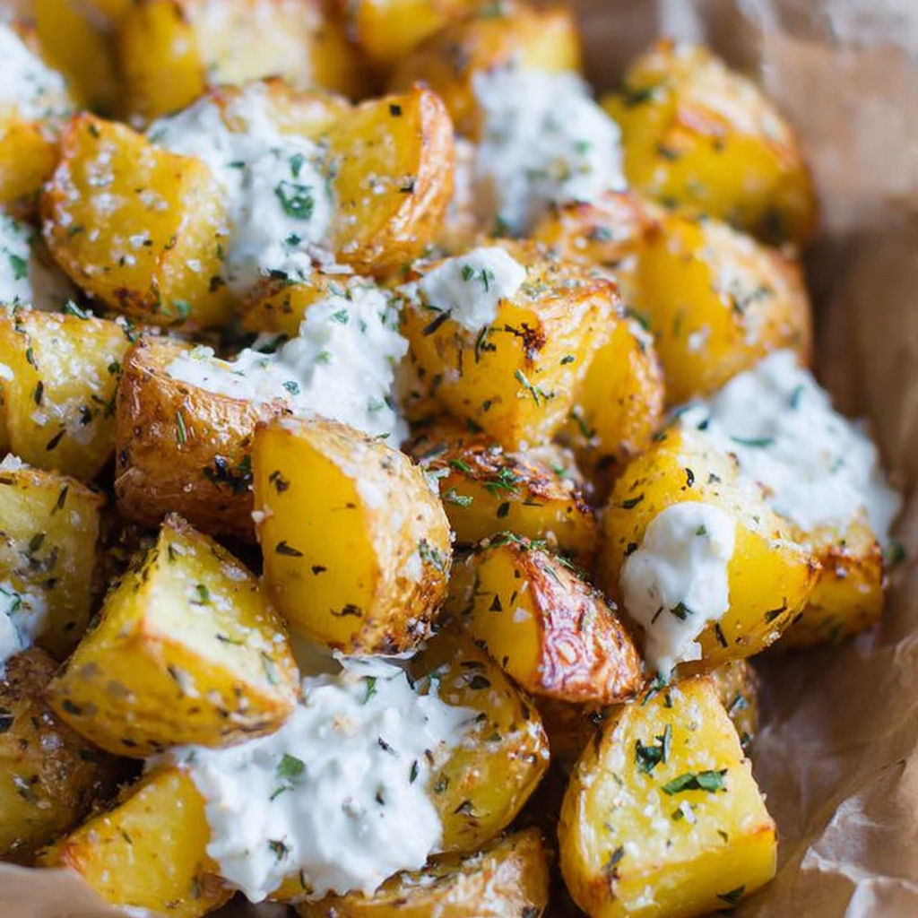 A bowl of potatoes with white sauce.