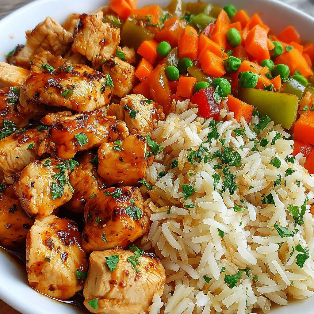 A bowl of rice, chicken, peas, and carrots.