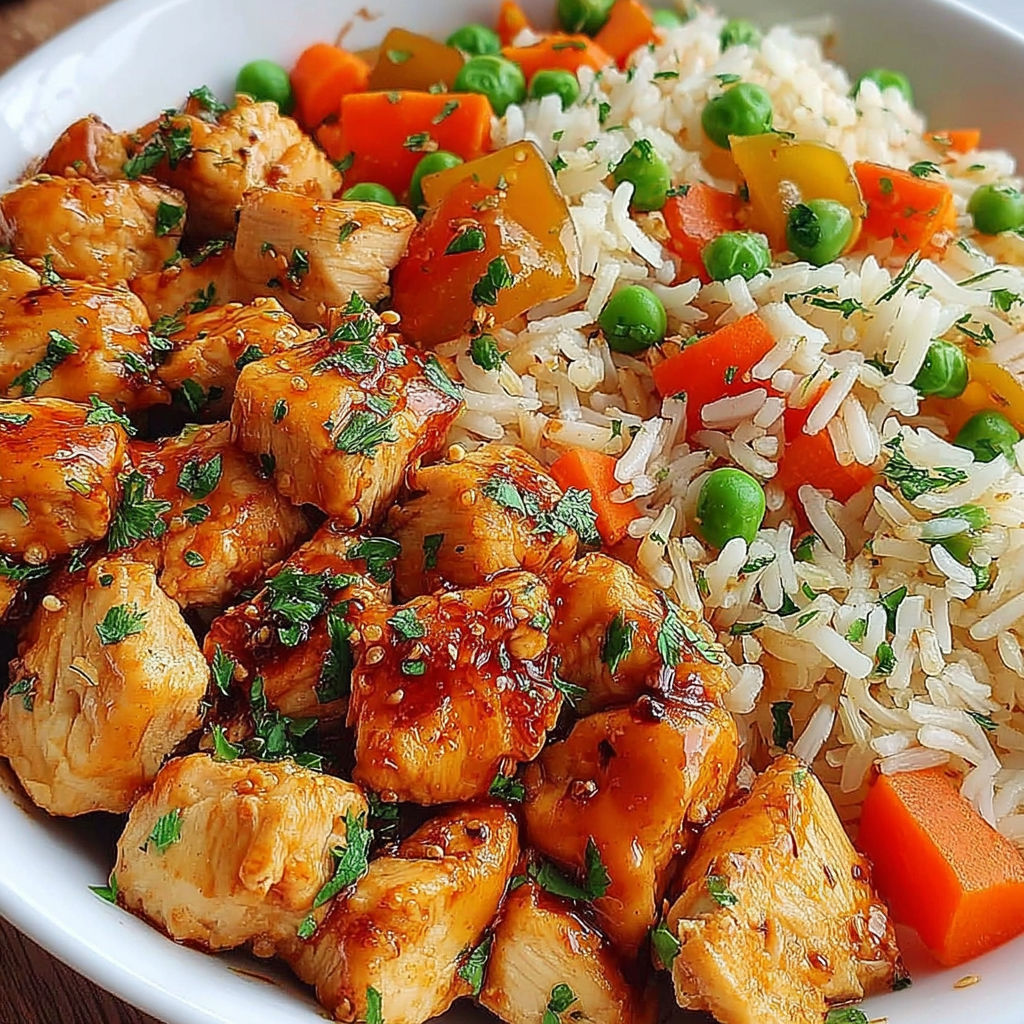 A plate of chicken, rice and vegetables.