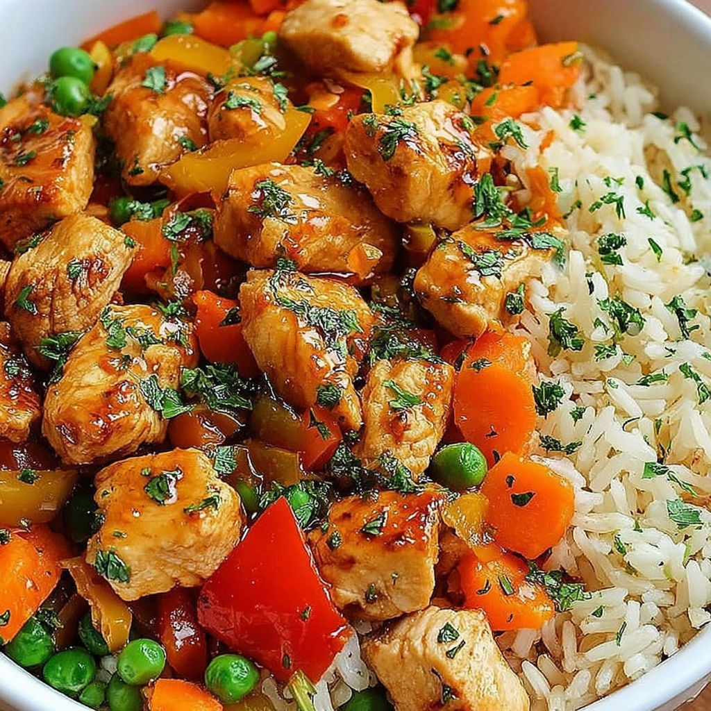A bowl of chicken with rice and vegetables.