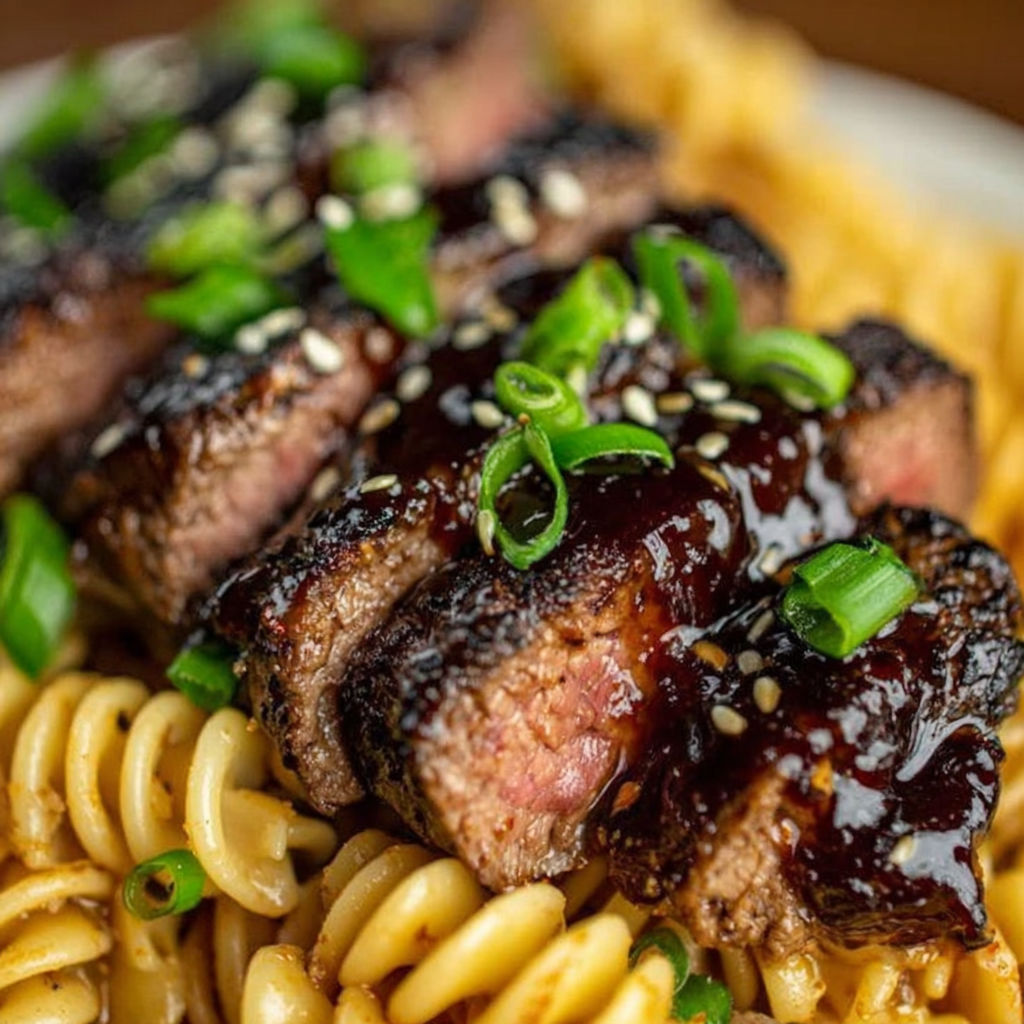 A plate of food with meat and noodles.