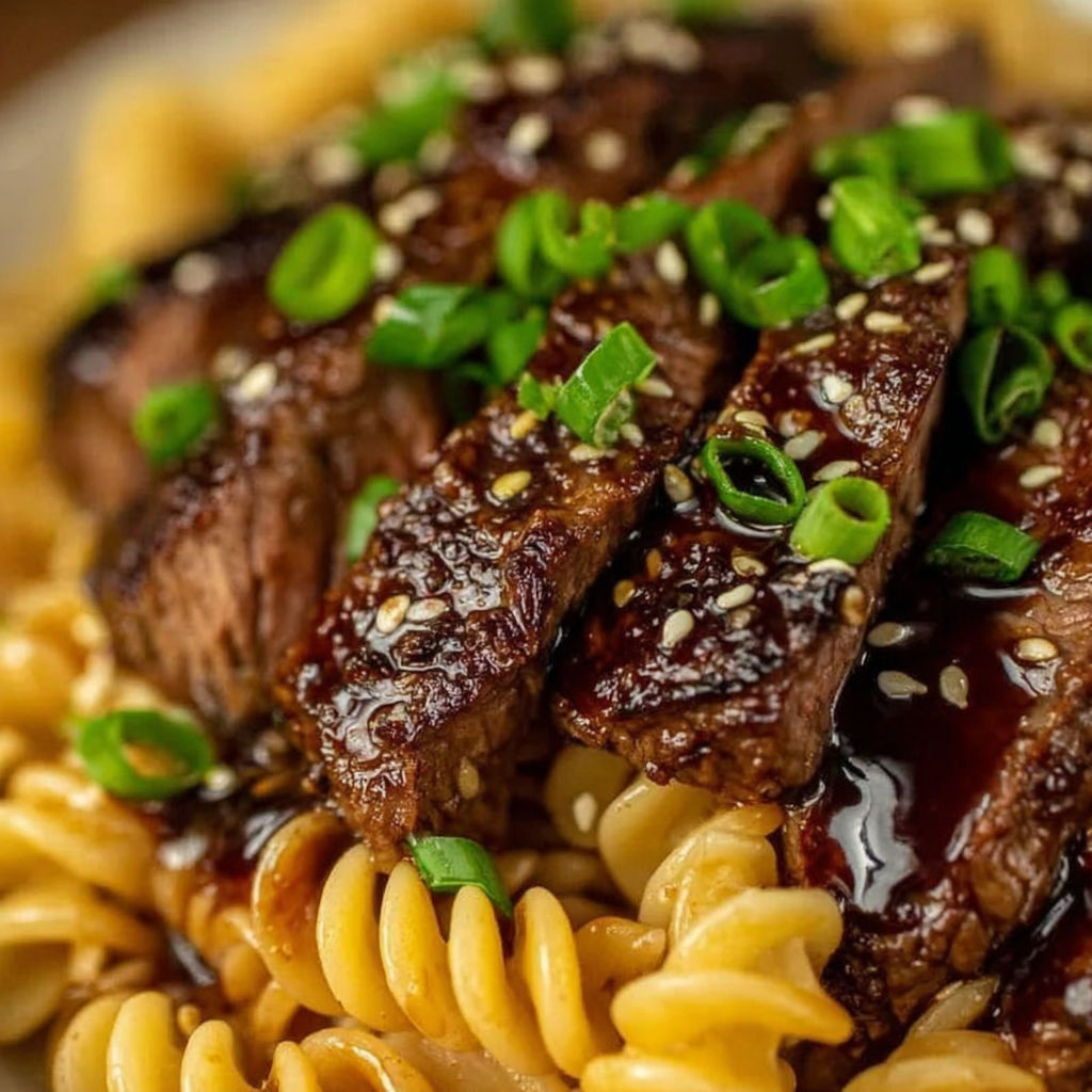A plate of food with meat and noodles.
