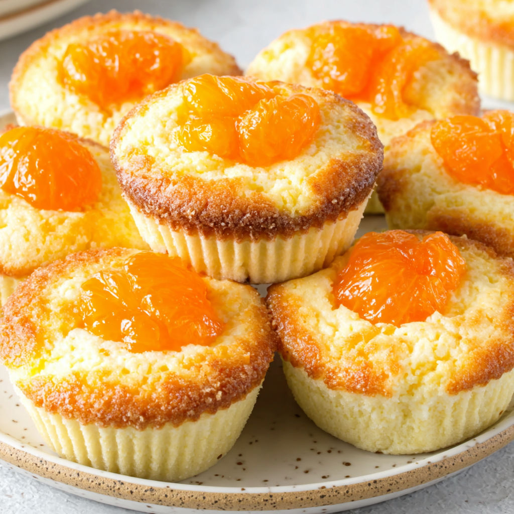 A plate of muffins with orange jam in them.