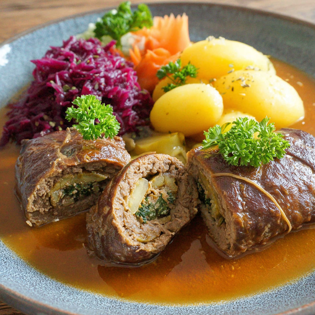 A plate of food with meat and vegetables.