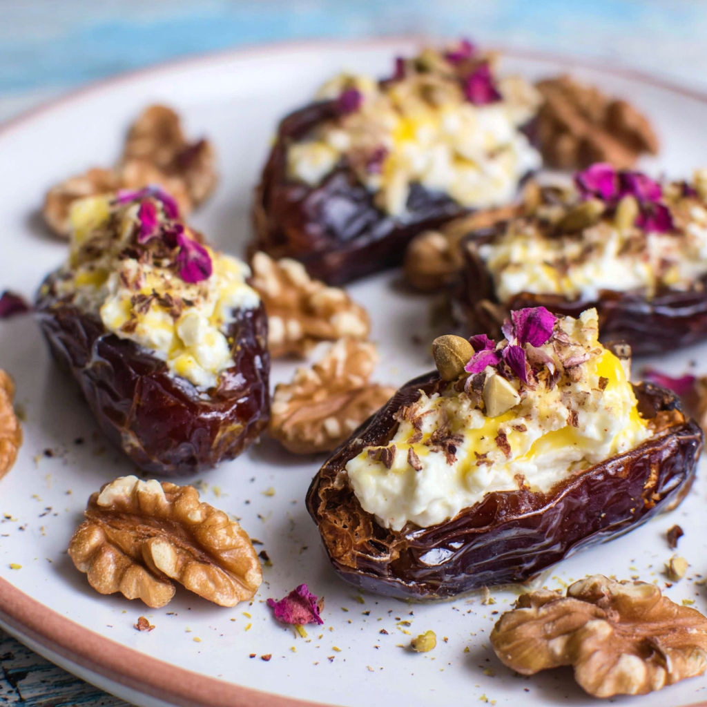 A plate of Medjool Datteln filled with cream and walnuts.