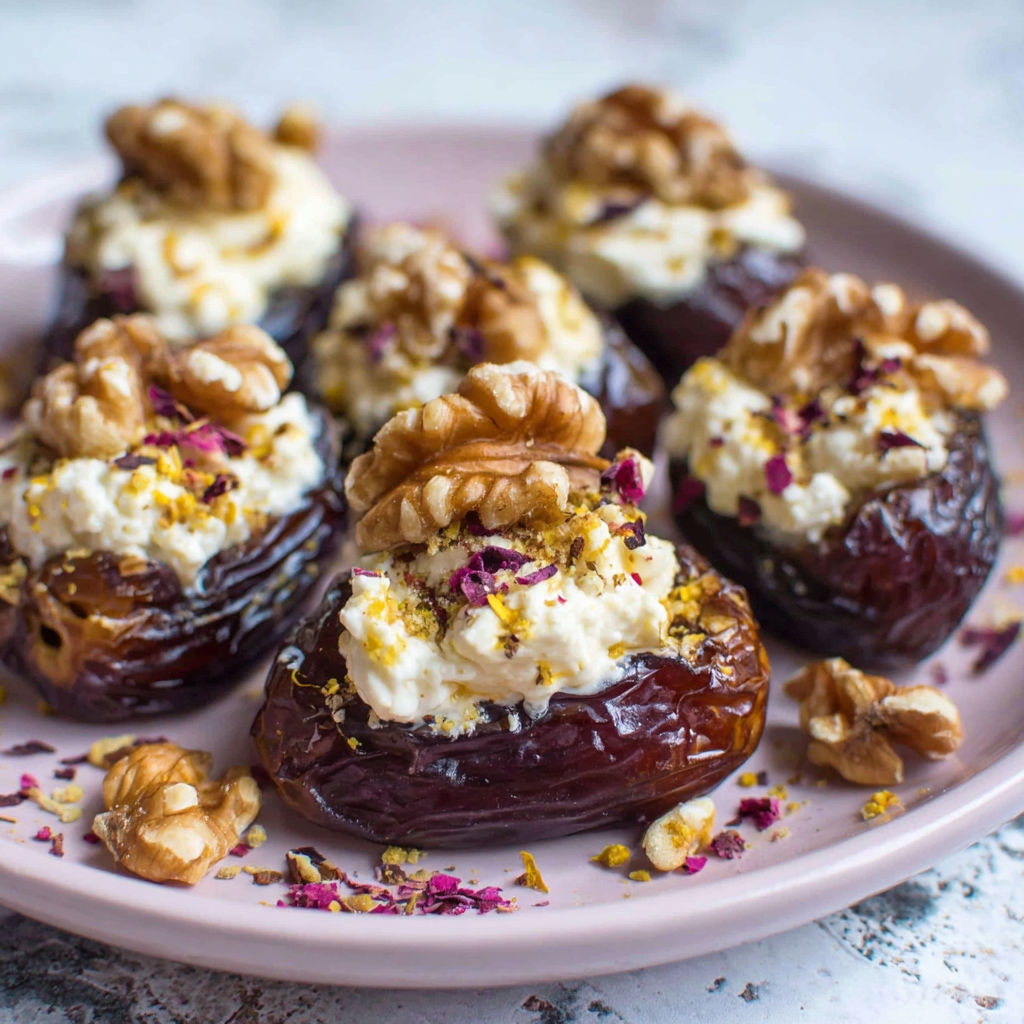 A plate of Medjool Datteln filled with cream and walnuts.
