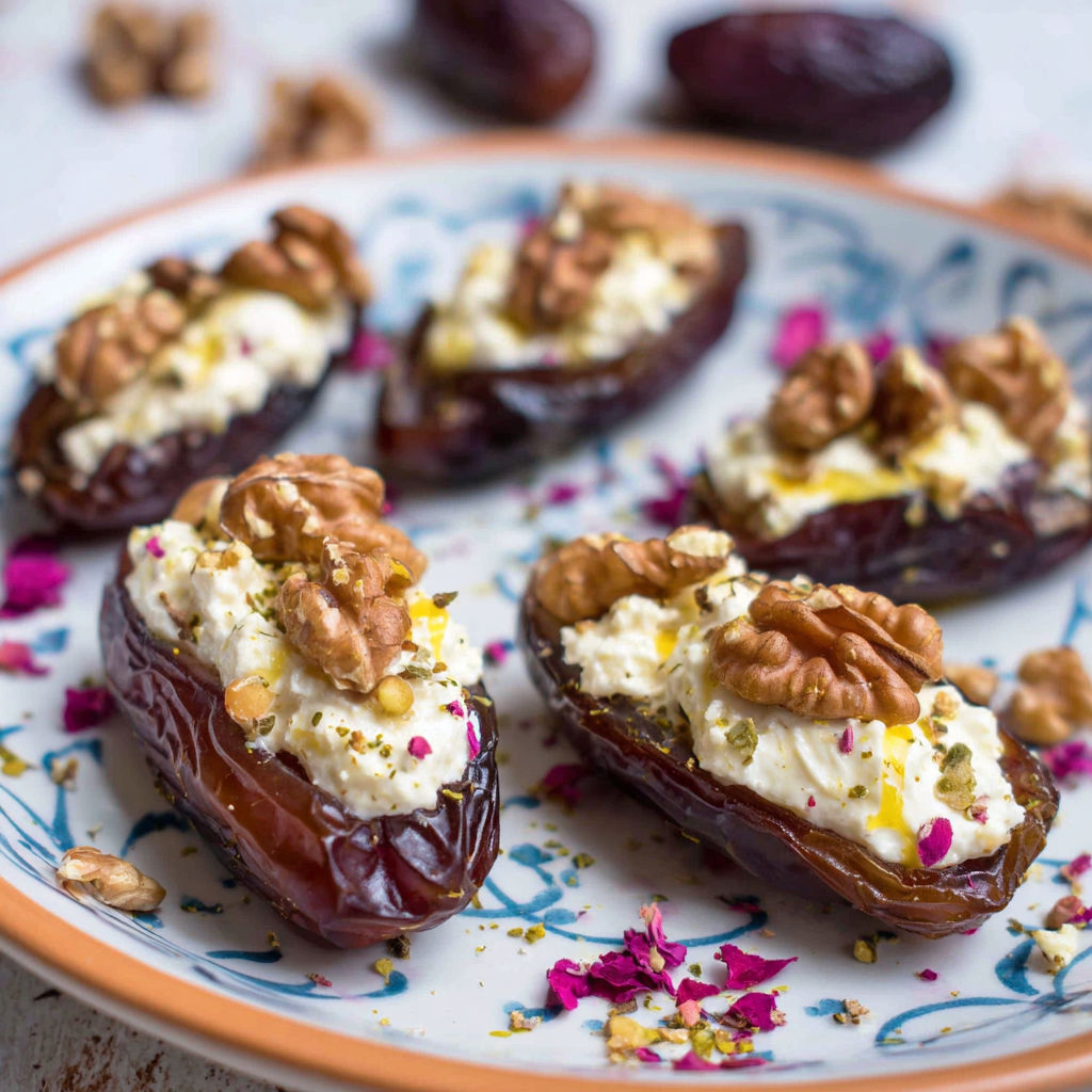 A plate of Medjool Datteln filled with cream and walnuts.