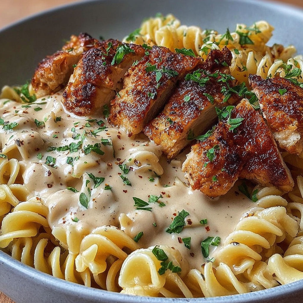 A plate of chicken with creamy noodles and sauce.