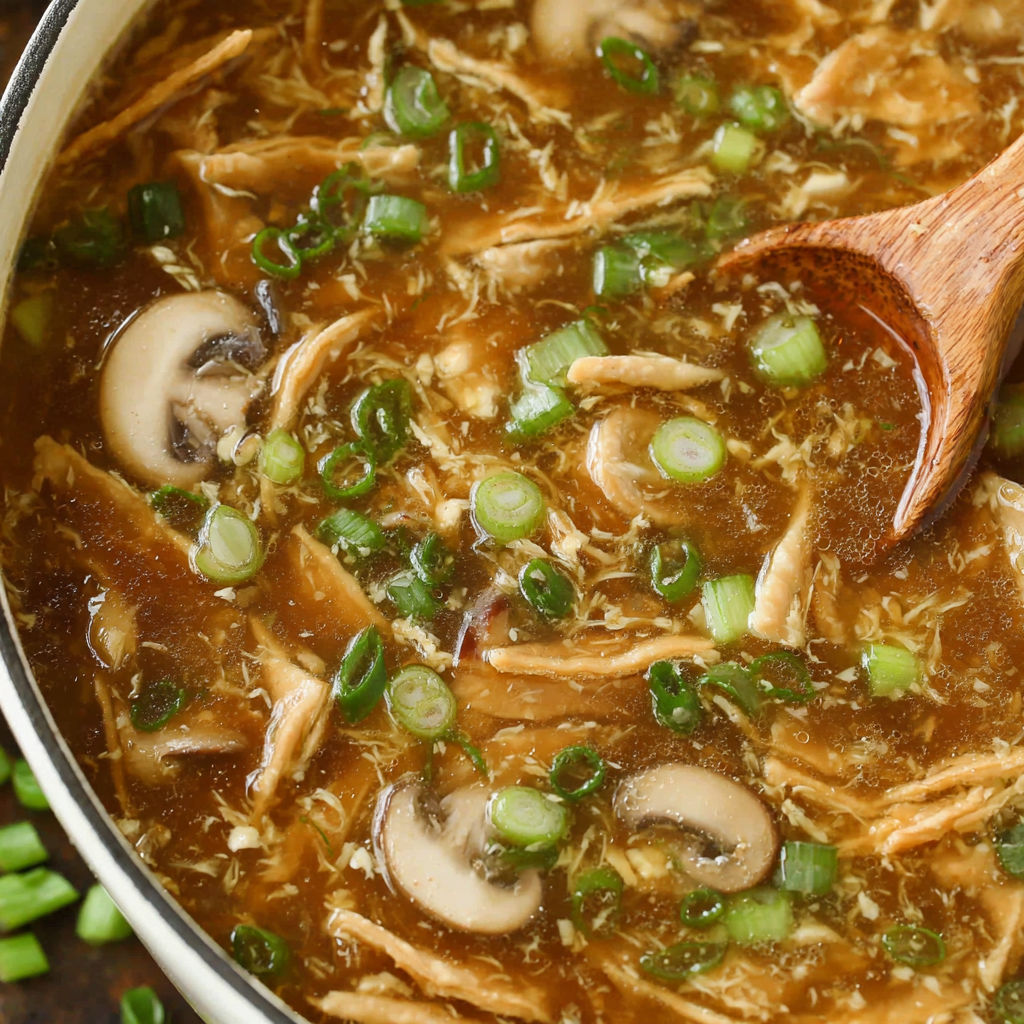 A bowl of soup with mushrooms and green onions.