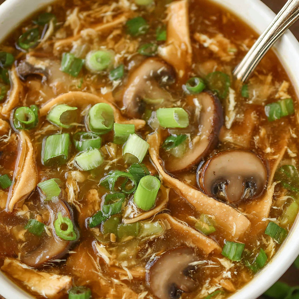 A bowl of soup with mushrooms and green onions.