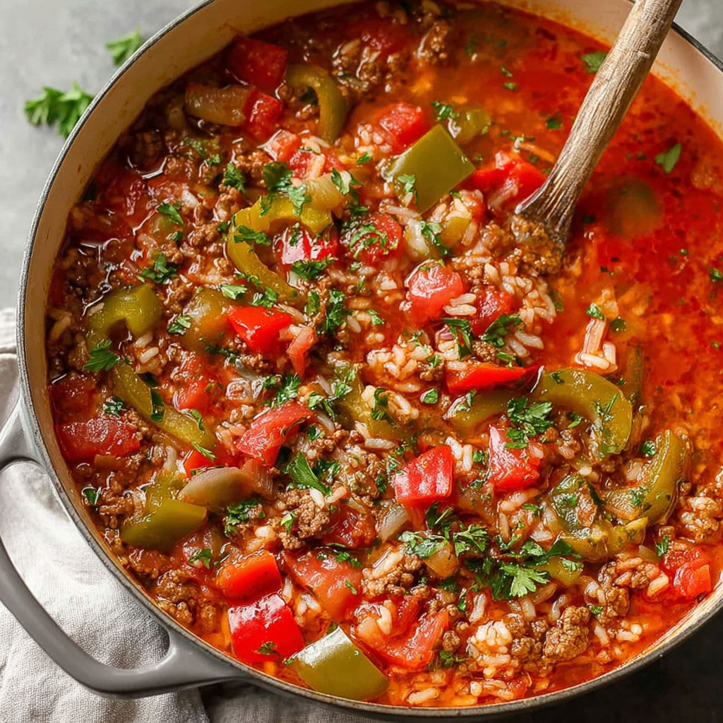 A bowl of soup with meat, peppers, and rice.