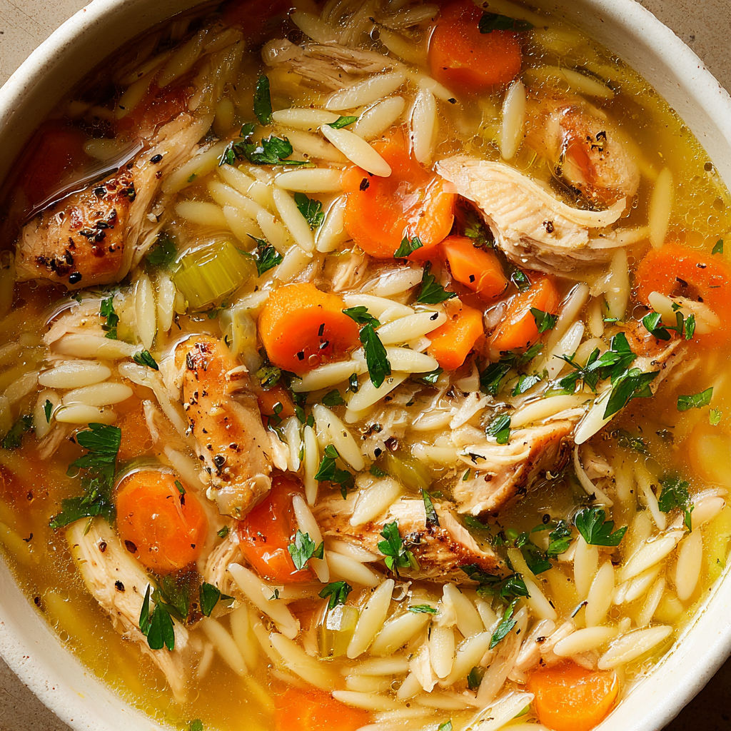 A bowl of soup with chicken and carrots.