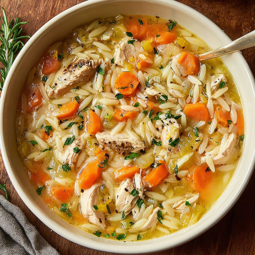 A bowl of soup with chicken, carrots, and rice.