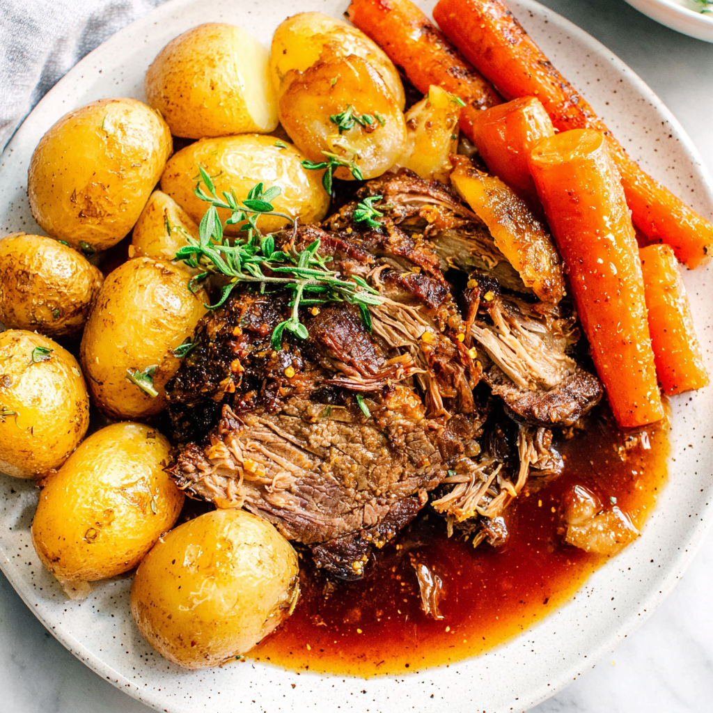 A plate of food with meat, potatoes, and carrots.