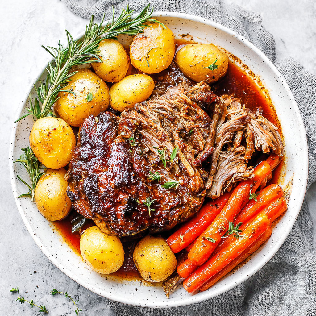 A plate of food with meat, potatoes, and carrots.