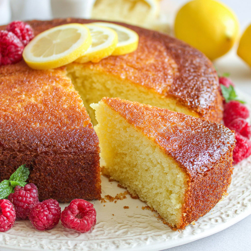 A slice of lemon cake with lemon wedges on top.