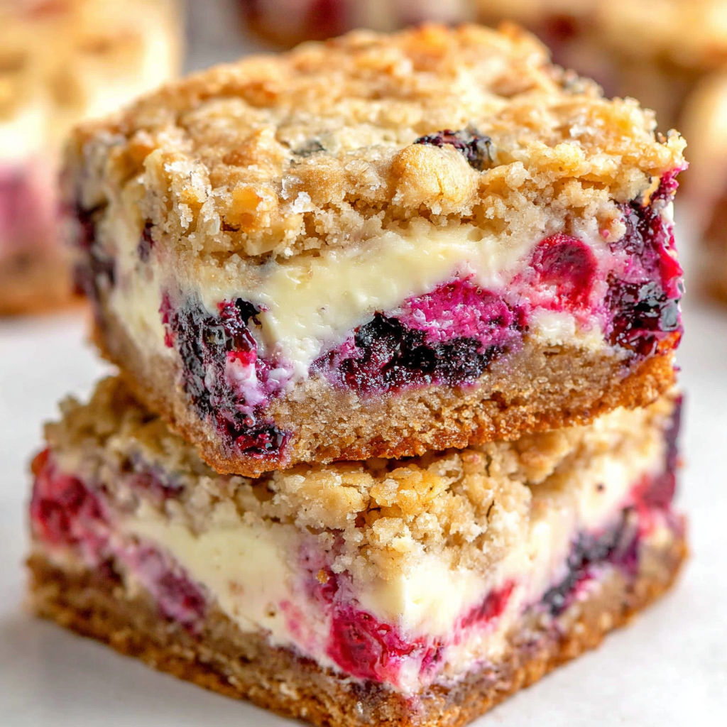 A stack of three berry oatmeal cheesecake cookie bars.