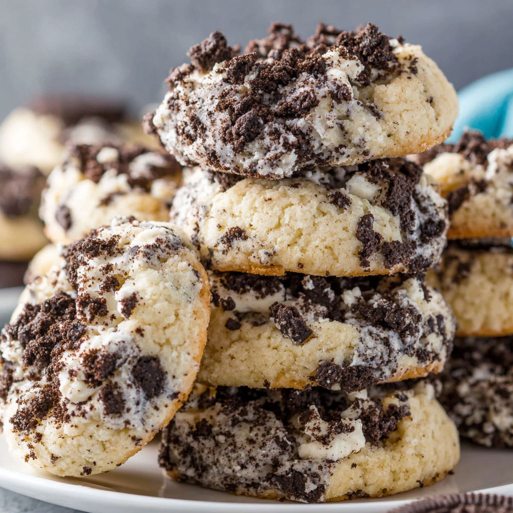 A stack of cookies with white and black frosting.