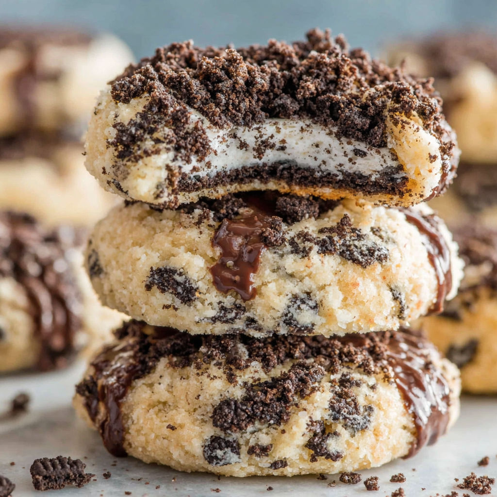 A stack of cookies with chocolate drizzled on top.