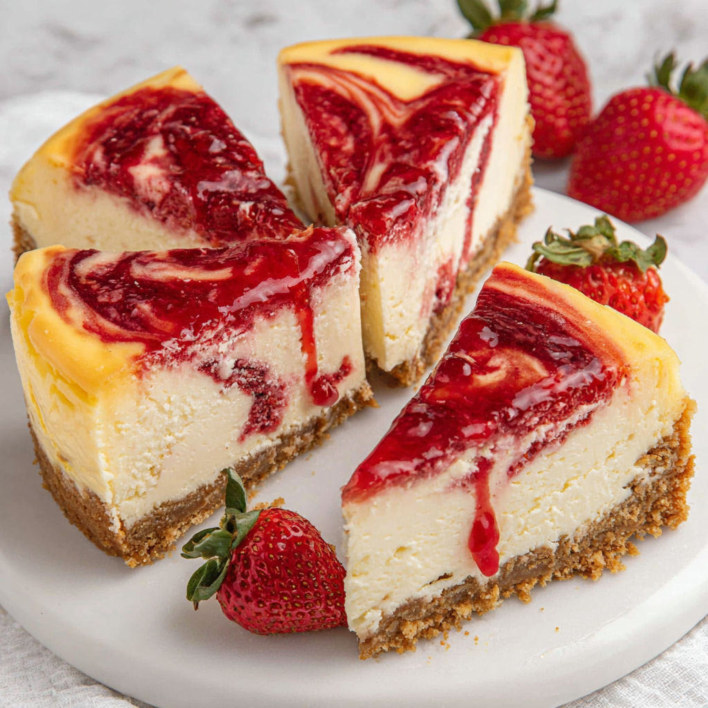 A slice of strawberry swirl cheesecake.