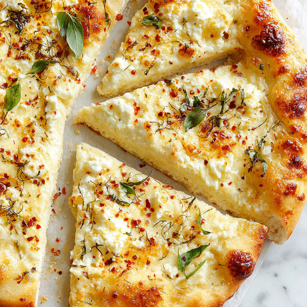 A slice of white pizza with cheese and herbs.